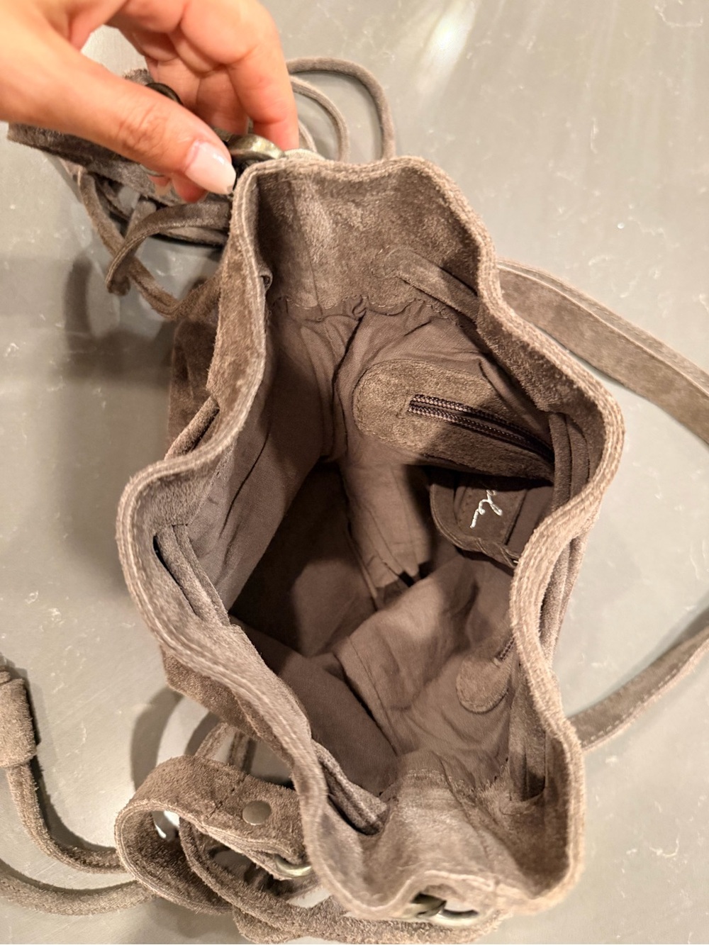 Free People Taupe Suede Drawstring Crossbody - Picture 3 of 7